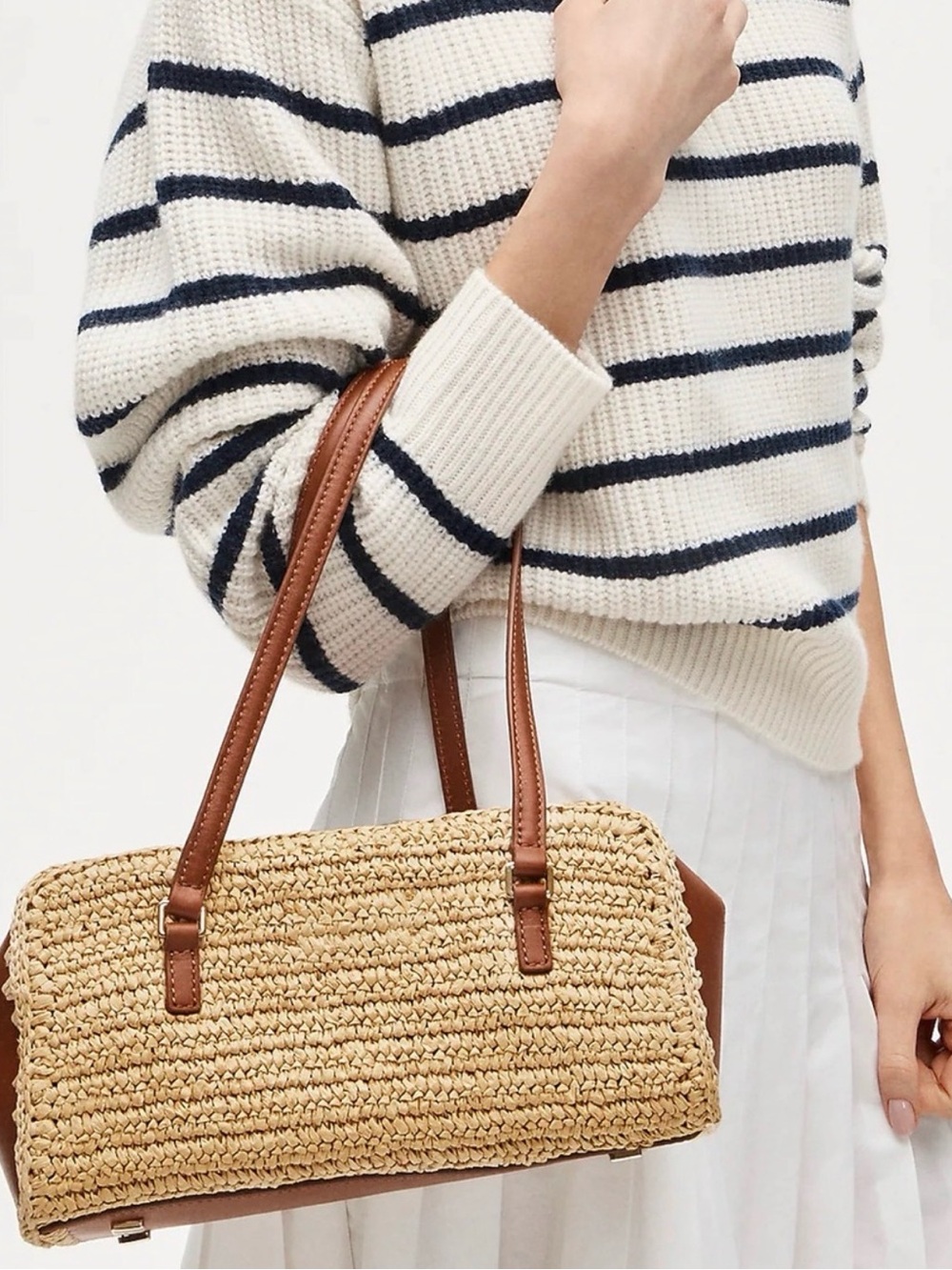 NWT J crew Delphine hand-knotted straw bag with Leather Trim